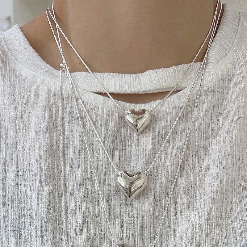 925 Silver Smooth Heart With Snake Chain Long Love Pendant Necklaces Women Aesthetic Tassel Clavicle Chain Choker Fine Jewelry