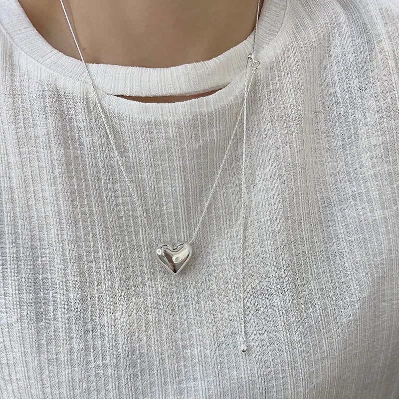 925 Silver Smooth Heart With Snake Chain Long Love Pendant Necklaces Women Aesthetic Tassel Clavicle Chain Choker Fine Jewelry