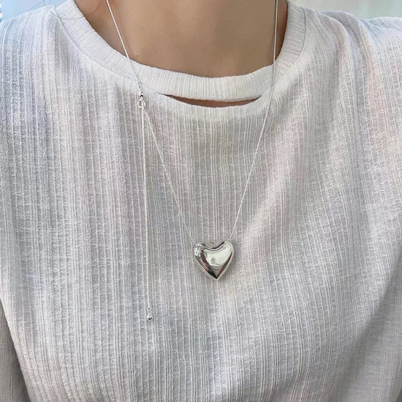 925 Silver Smooth Heart With Snake Chain Long Love Pendant Necklaces Women Aesthetic Tassel Clavicle Chain Choker Fine Jewelry