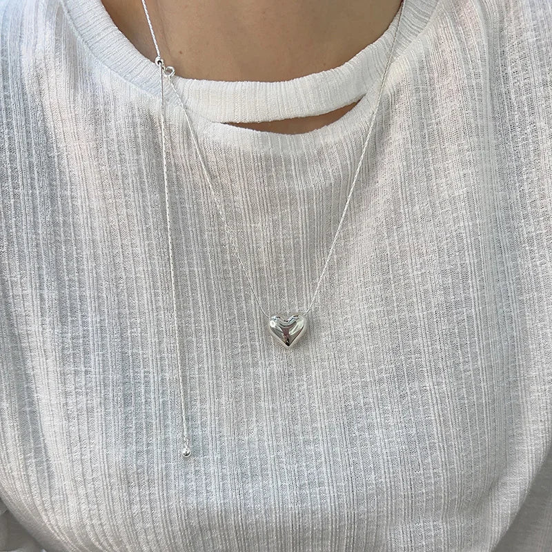 925 Silver Smooth Heart With Snake Chain Long Love Pendant Necklaces Women Aesthetic Tassel Clavicle Chain Choker Fine Jewelry
