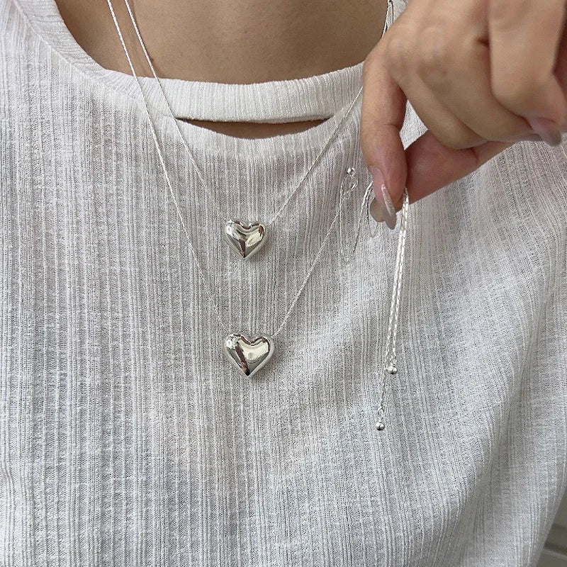 925 Silver Smooth Heart With Snake Chain Long Love Pendant Necklaces Women Aesthetic Tassel Clavicle Chain Choker Fine Jewelry