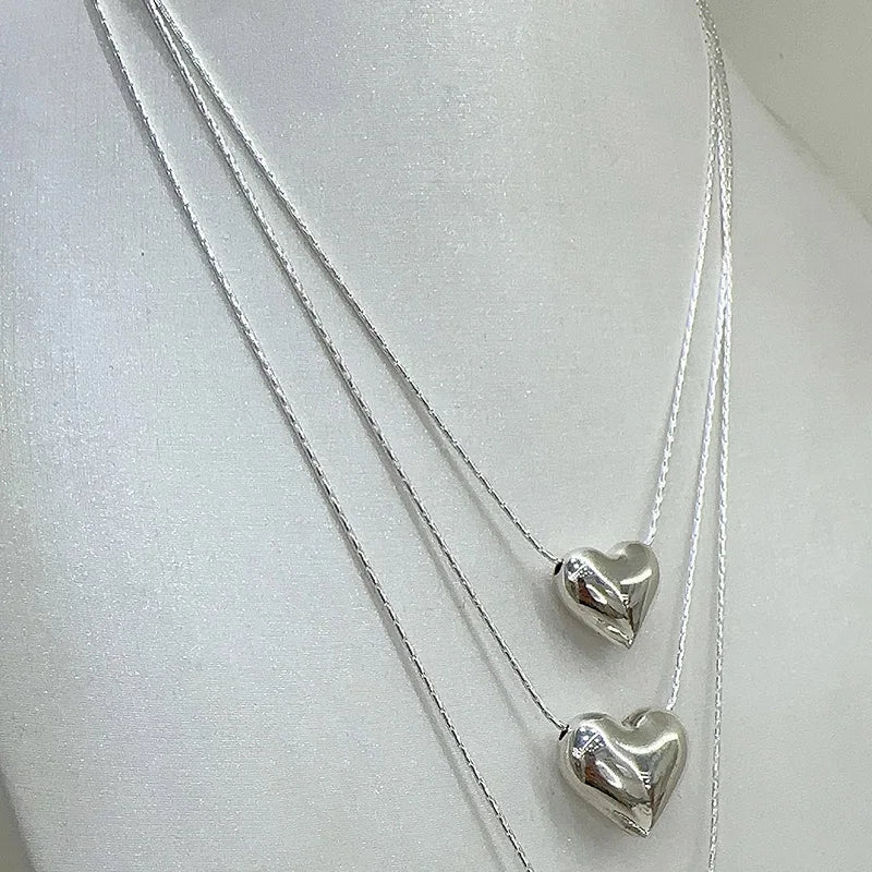 925 Silver Smooth Heart With Snake Chain Long Love Pendant Necklaces Women Aesthetic Tassel Clavicle Chain Choker Fine Jewelry