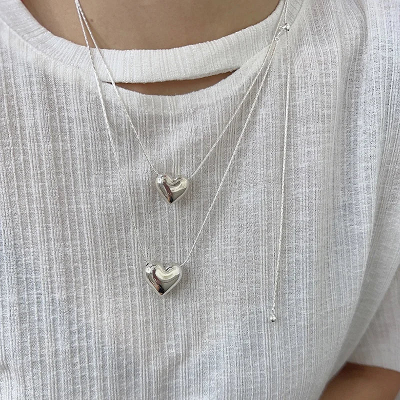 925 Silver Smooth Heart With Snake Chain Long Love Pendant Necklaces Women Aesthetic Tassel Clavicle Chain Choker Fine Jewelry