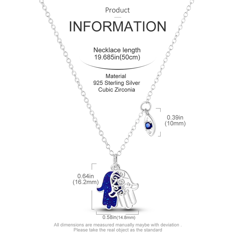 925 Sterling Silver Hamsa Hand of Fatima Evil Eye Protection Pendant Blue Eye Amulet Necklace for Women Fine Jewelry Gift