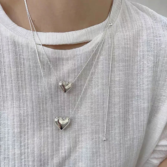 925 Silver Smooth Heart With Snake Chain Long Love Pendant Necklaces Women Aesthetic Tassel Clavicle Chain Choker Fine Jewelry
