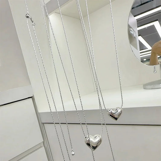 925 Silver Smooth Heart With Snake Chain Long Love Pendant Necklaces Women Aesthetic Tassel Clavicle Chain Choker Fine Jewelry